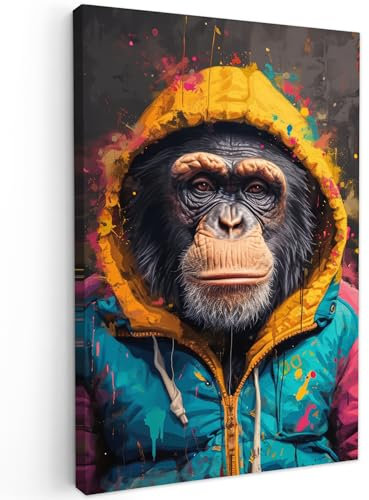 MuchoWow© Impression sur Toile Peinture 80x120 cm Tableau Mural Decoration Salon Reproductions de Tableaux Murale Moderne Graffiti - Chimpanzé - Manteau - Singe - Peinture - Banksy