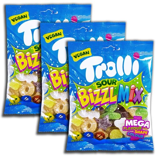 3 er Pack Trolli Bizzl Mix Sour 3 x 150g Extrasaure gezuckerte Fruchtgummi
