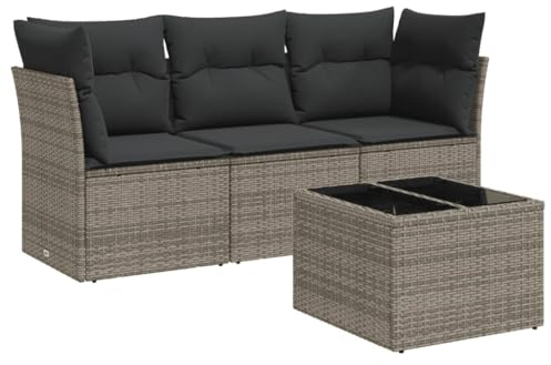 vidaXL Garten Sofa Garnitur 4-TLG., Gartenmöbel Set mit Kissen, Sitzgruppe für Garten Terrasse, Modular Gartensofa Lounge, Tisch mit Glasplatte, Grau Poly Rattan