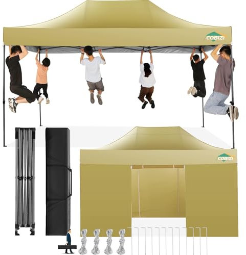 COBIZI Faltpavillon 3x4,5 Wasserdicht Stabil Winterfest mit Seitenwand,Pop Up Pavillon Partyzelt,Sonnenschutz Gartenpavillon,Pavillon Faltbar mit Handtasche(3 mal 4,5m Khaki)
