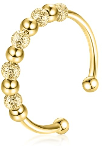 S925 Silber Anti Stress Ring Verstellbare, Anxiety Ring Silber mit Perlen, Frauen Damen Antistress Ringe Linderung von Angst Fidget Ring Offene Stressringe Angstring Schmuck für Frauen (Gold)