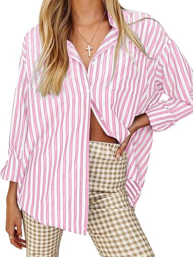 thefabland Camicette da donna a righe a maniche lunghe, con bottoni, vestibilità larga, casual, 01-lilla, XX-Large