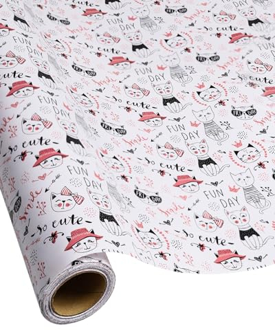 RayofSun Geschenkpapier für Mädchen, modische und niedliche Katzen mit Schleife, Kinder-Geschenkpapierrolle, geeignet für Geburtstage, Partys, Babypartys, 43,2 cm x 18,3 m pro Rolle.