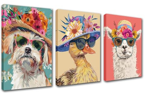 Animals with Straw Hat Canvas Wall Art for Living Room Decor 3 Pieces Dog Duck Alpaca Wear Sunglass Wall Decor Artwork Lovely Animals Flowers Paintings Home Room Wall Pictures Framed 42''Wx20''H