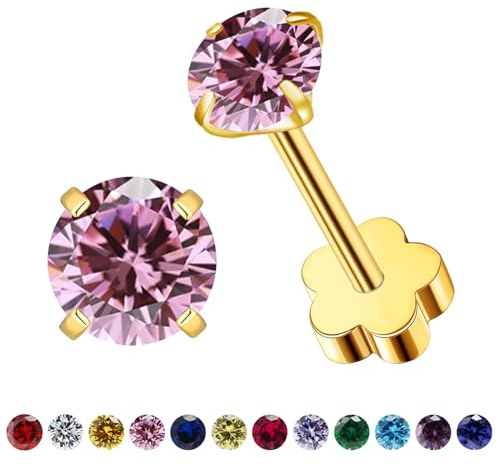 Flatback CZ Helix Earrings for Women Girls,3mm Tiny Screw Back Birthstone Stud Earrings Cartilage Tragus Piercing Jewelry Gift (gold, Oct rose quartz)