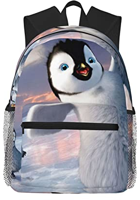 Apbdffjnf Schulranzen für Teenager, Mädchen, Jungen, wasserdicht, niedlich, Büchertasche, Reisen, lässig, Tagesrucksack, goldfarben / Schwarz, Happy Pinguin, One size
