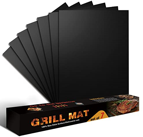 HERZLG LIFE Grillmatte für Gasgrill 33x40cm, 7er Set, Antihaft, PFOA-frei, wiederverwendbar, Schwarz, Rechteckig