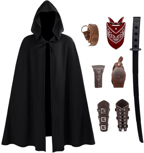 Unisex Mittelalter Umhang mit Kapuze Zubehör Mittelalter Kleidung Damen Herren Renaissance Kostüm Set Cape Wikinger Cosplay Karneval Halloween (L)