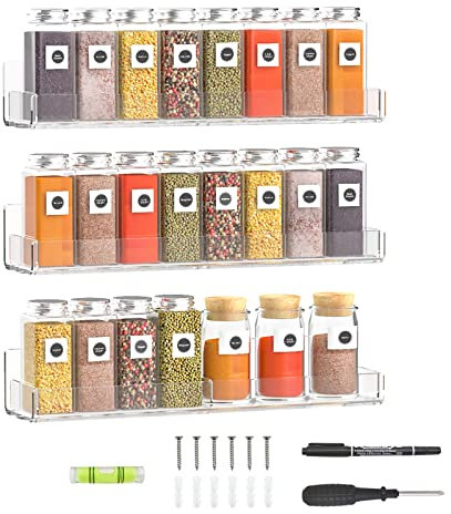 Sezanrpt Lot de 3 étagères murales à épices en acrylique transparent de 38,1 cm, étagère flottante pour affichage de bouteilles, pots, épices, vin, livres, articles de toilette