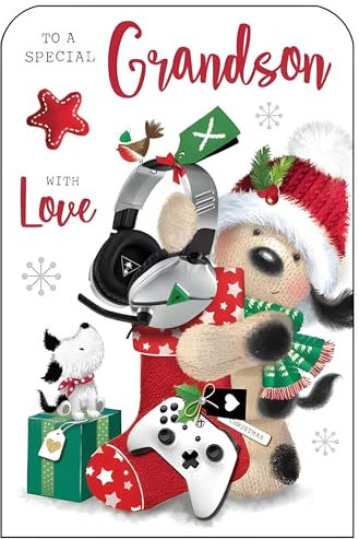 Biglietto di Natale per nipote speciale, con cane e gadget da gioco, design festivo, finiture speciali e inserto illustrato, realizzato nel Regno Unito