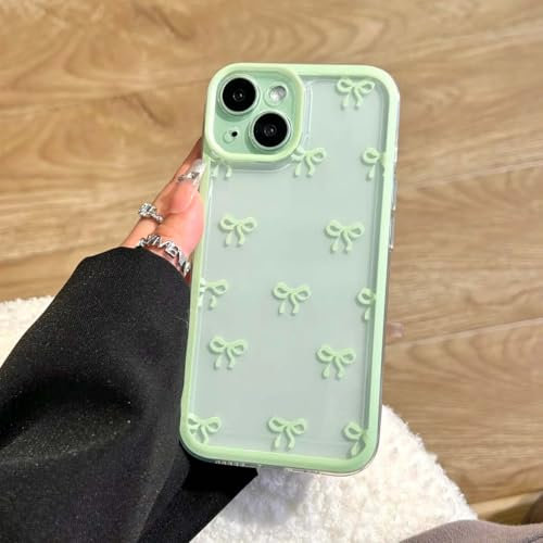 EYZUTAK Case for iPhone 15, Clear Cute Ribbon Bowknot Pattern Aesthetic Transparent Phone Case Raised Camera Protection Stylish Slim Soft Durable TPU Protective Cover for Women Girls - Green