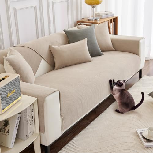 DUJUIKE Sofa Überzug 1/2/3/4 Sitzer, Chenille Sofaüberwurf, Ecksofabezug, L-Form Sofabezug, Katzensofa-Schutz, Knitter- und Kratzfest, Waschbar, rutschfest für U Form Sektionssofa(Weiß,90x90cm)