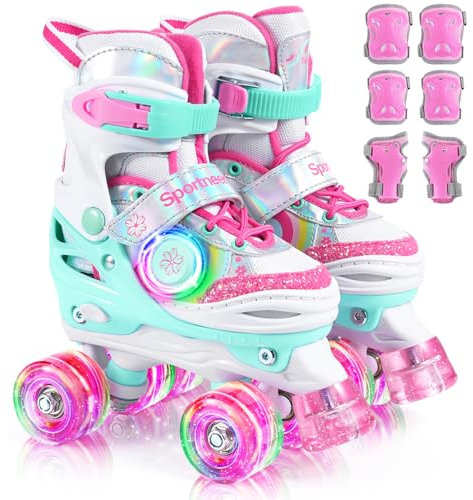 Sportneer Rollschuhe Kinder, Rollschuhe mit Seitliche Leuchtlichter und 6pcs Schutzausrüstung Rollschuhe 4 Größen Verstellbar für Mädchen, Kinder, Jugendliche, Anfänger, Drinnen und Draußen