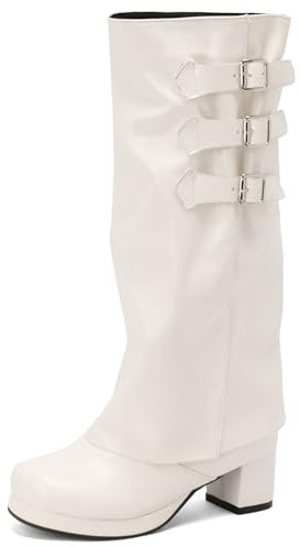 Lizoleor Tacco A Blocco Donna Knee Stivali Al Polpaccio Con Risvolto Fibbia Tacco Medio Punta Rotonda Plateau Zip Laterale Stivali Equitazione Bianco Numero 47 EU/49Cn