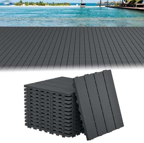 UISEBRT Baldosas de balcón con aspecto de vetas de madera, azulejos de clic para terraza para balcón, jardín, placas resistentes a la intemperie con función de drenaje, 30 x 30 cm, antracita (11