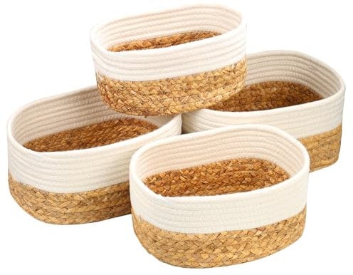 Aevcvok Lot de 4 Panier Rangement,Panier Tressés en Jacinthe d'eau et Coton,Panier de Rangement Salle de Bain,Cuisine,Corbeille Rangement Panier,Organisateur Boîtes de Rangement pour la Salon,Blanc