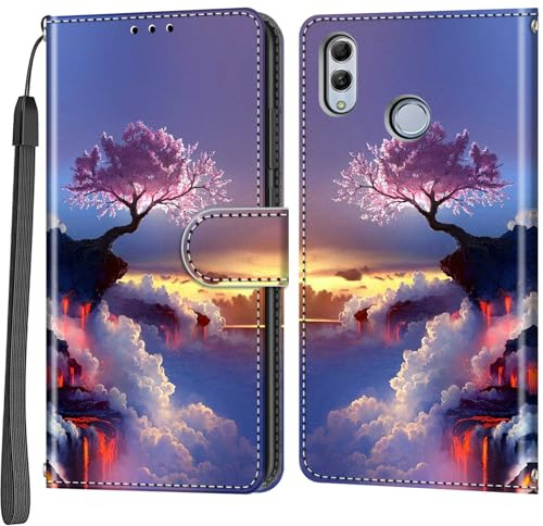 Cover per Honor 10 Lite/Huawei P Smart 2019, PU Pelle, albero rosa | Interno TPU Antiurto, Anti-Graffio, Fessura per Schede, Supporto Stand, Design Libro, Flip
