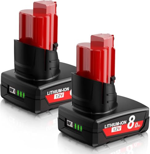 2X 8.0Ah M12 Battery for Milwaukee, Powtree Replacement for Milwaukee 12V Battery XC 48-11-2410 48-11-2420 48-11-2411 48-11-2401 48-11-2402 with LED Indicator