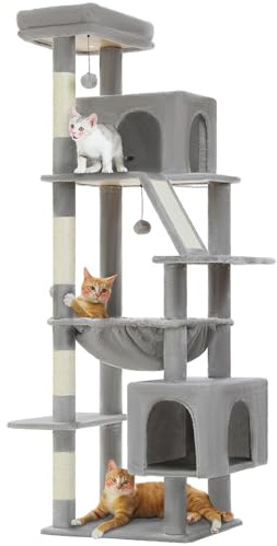 PAWZ Road Hoch Kratzbaum für große Katzen,Robuster Katzenturm mit extragroßer Hängematte, 4 Sisal-Kratzbäumen und 2 geräumigen Katzenhäusern, Ideal für Maine-Coon-Katzen,180cm, Grau