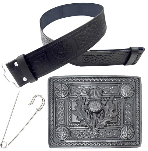 Kilt-Gürtel und Schnalle Set - Eleganter Herren Kilt-Gürtel Distel geprägtes Leder - Handgefertigte Zinnschnalle Antik-Silber-Finish Kiltnadel 7,6 cm, Silberfarben, XXL - Large