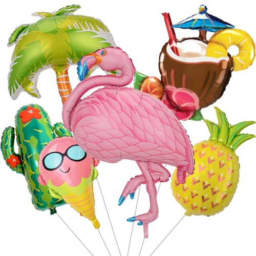 Embhlitfe 6 Stück Hawaii Party Folienballon,Groß Luftballons Flamingo Folienballon Tropische Riesenballon,Hawaii Party Dekorations Ballons für Sommer Tropical Strandparty Zubehör