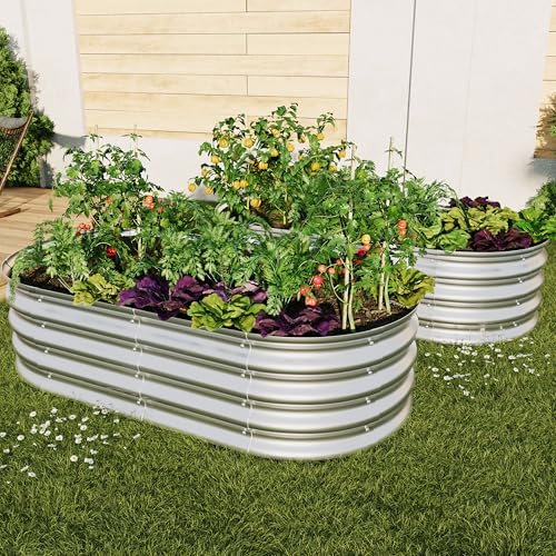 VERFARM Verzinktes Hochbeet-Set, Hochbeet, Hochbeet, Outdoor, ovale Metall-Hochbeete für Gemüse, Blumen, Kräuter, Silber, 1,2 x 0,6 x 0,3 m, 2 Stück