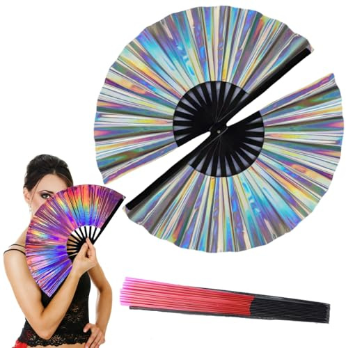 Gbbazu Large Holographic Folding Hand Fan, Laser Rave Hand Fan, Boots on The Ground Fan for Line Dancing Foldable Craft Holding Laser Colors Fan (C14)