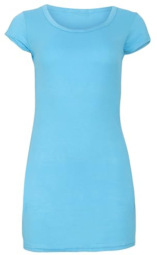 Easy Young Fashion - Damen Basic T-Shirt - langes Kurzarm Longshirt - Rundhals Longsleeve - Unterziehhemd Skinny Fit 1002 - Cyan M