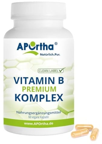 APOrtha® Vitamin B Komplex Premium, 60 vegane Kapseln, mit Vitamin B1, B2, B3, B5, B6, B7 sowie B12 und Folsäure, hochdosiert, allergenfrei, vegan, glutenfrei, Alternative zu Tropfen und Tabletten