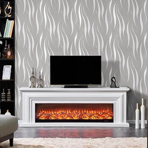 Snewvie Light Grey Wallpaper Modern Minimalist White Curves Non-Woven 3D Abstract Wallpaper Mural Flocking Geometric Striped Wallcoverings for Bedroom Living Room TV Backdrop
