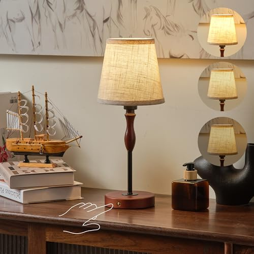 Lampada da tavolo senza fili, 4000 mAh ricaricabile a batteria, portatile, 3 livelli di luminosità, LED Touch Accanto lampada, metallo legno con paralume in tessuto, luce notturna per camera da letto