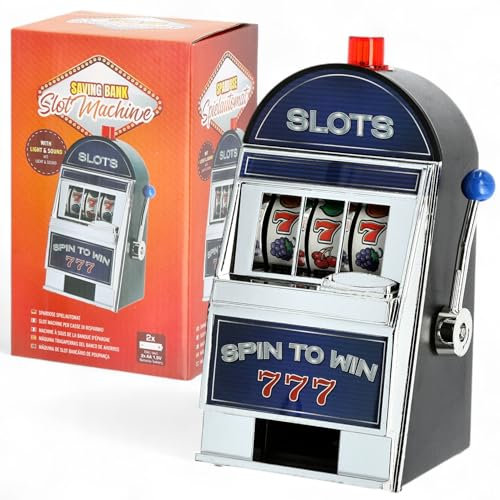 MIJOMA Spardose Spielautomat mit Licht & Sound – Geldautomat Retro Design, Slot Machine als Sparschwein, LED & Klingel, 10x19x9,5 cm, Batteriebetrieben