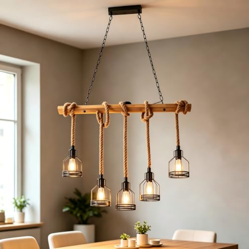 HvKvHvY Retro Hanf Seil Kronleuchter, 5Holz Köpfe, E27 Industrie Hängelampe | Metal Cage Ceiling Lighting, Moroccan Lampshade For Dining Room Bedroom Restaurant Kitchen