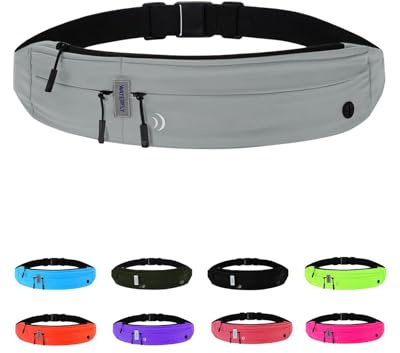 WATERFLY Laufgürtel für Handy Gürteltasche Joggen Lauf Flache Bauchtasche | Hochelastisches Gewebe, Wasserabweisend, 3 Separate Fächer, mit Kopfhöreranschluss, für Die Meisten Smartphones Geeignet