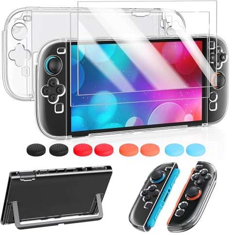 YOWOLF Transparente Schutzhülle Kompatibel mit Nintendo Switch 2 (2025) – Dünnes Hartschalen-Case mit Displayschutzfolie & 8 Thumb Grips, Stoß- und Kratzfeste Hülle für Joy-Con 2 Zubehör