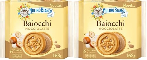 Mulino Bianco Biscotti Baiocchi Nocciolatte, Cialde di Pastafrolla Farcite con Crema alle Nocciole 100% Italiane da Filiera Sostenibile, Snack Ideali per Colazione o Merenda, Senza Olio di Palma, 168g