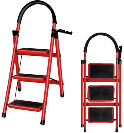 XUANYU Marchepied Pliable Acier, avec Pieds et Marches Antidérapants, Escabeau avec Verrouillage de Sécurité, Marchepied Robuste Charge Jusqu'à 150 kg (Rouge, 3 marches)