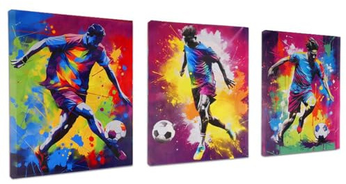 YunBey 3er Set Fußball Wandbild – Aquarell Jugendzimmer Deko | 3 Fußball-Drucke, Holzrahmen, Aquarell, 40x30 cm. Für Jugend-, Spiel- & Wohnzimmer. Deko-Geschenk
