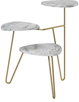 Athene Pflanzenständer Weißer Marmor-Look, 55 x 52 x 63 cm, 3-stufiges Pflanzenregal mit Metallbeinen, Blumenständer aus laminierter Spanplatte für Wohnzimmer, Balkon und Flur