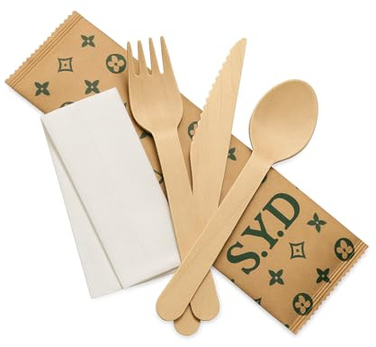 100 PIECE (25 Pack) S.Y.D Disposable Wooden Cutlery Set – Fork, Knife & Spoon with Napkin – Individually Wrapped, Biodegradable, Compostable & Plastic-Free – Ideal for Parties & Catering