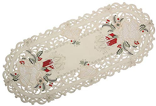 Bezaubernder Weihnachten Tischläufer/Tischdeckchen Creme-Weiß mit Rot Kerzen Glocken Stickerei - Größe wählbar (ca. 40 x 90 cm Oval)