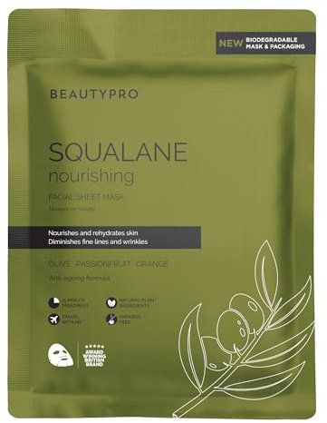 BEAUTYPRO SQUALANE Face Mask Nourshing Anti-Ageing Hydrate Radiant Complexion Plant Based Olive Extract Natural Facial Korean Vegan Skincare 100% Biodegradable Multi Award Winning Brand