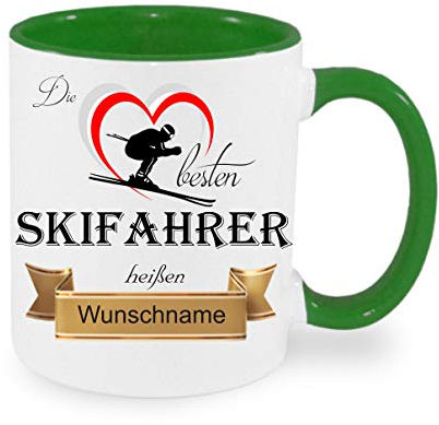 Die besten Skifahrer heißen... Wunschname - Kaffeetasse mit Motiv, Tasse mit Druck, auch individuell mit Spruch, Foto, Wunschtext, Wunschname (Grün)