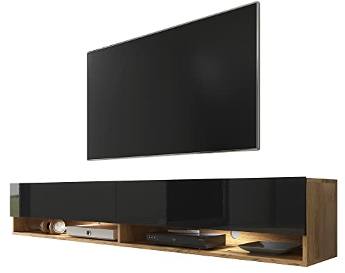 Selsey Wander - TV-Board/Fernsehschrank für Wohnzimmer hängend/stehend, optional mit LED, 180 cm breit (Holzoptik Wotan Eiche/Schwarz Hochglanz, mit LED)