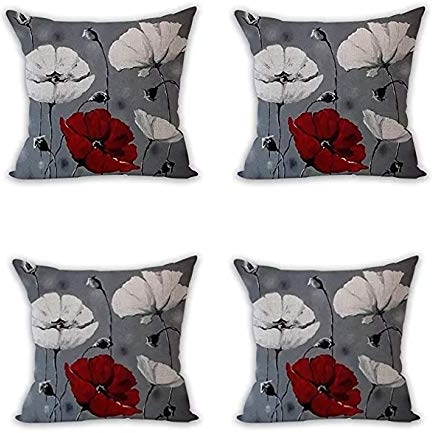 Nunubee Set mit 4 Kissenbezügen, dekorativ, für Sofa, skandinavische Deko, weiße Blumen, rot, grau, 45 x 45 cm