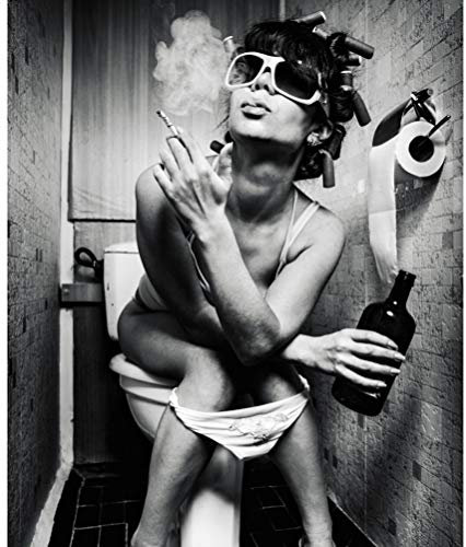 QUANHUA Toilette de Mode Sexy Femme Impressions sur toile, Bar Moderne Fille Fumer et Boire Dans les Toilettes Peinture en Noir et Blanc Photo Poster- sans cadre,A,50x75cm