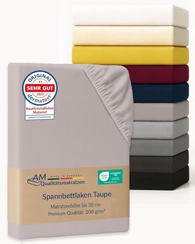 AM Qualitätsmatratzen Premium Spannbettlaken 70x190cm Baumwolle (200gsm) in Taupe - Made in Germany - Oeko TEX zertifiziertes Bettlaken 70x190 Baumwolle - Jersey Spannbetttuch - Fitted Sheets