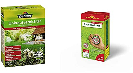 Dehner Unkrautvernichter plus Rasendünger, 5 kg, für ca. 250 qm & WOLF-Garten - Turbo-Nachsaat LR 50; 3826030