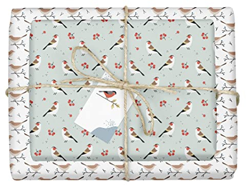 dabelino® Geschenkpapier Weihnachten Vögel/Beeren: 4x Bögen + 4x Anhänger Set (umweltfreundlich, nachhaltig, öko, modern, edel, recycling, für Erwachsene, Geburtstag)