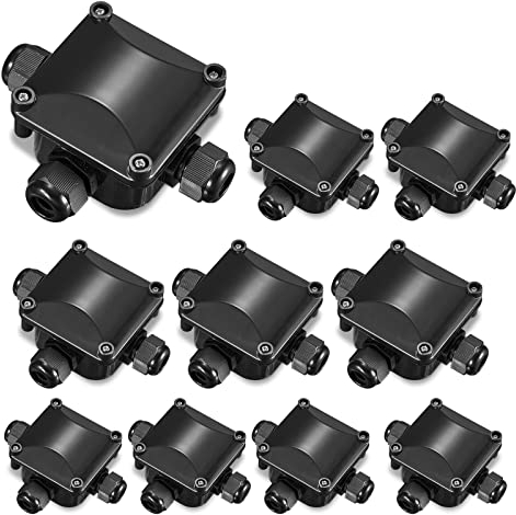 10-Pack Waterproof Junction Boxes, 3-Way Electrical Connector Box for Outdoor/Garden/Landscape Lighting, Black PC Material, Cable Glands for 4-15mm Wires